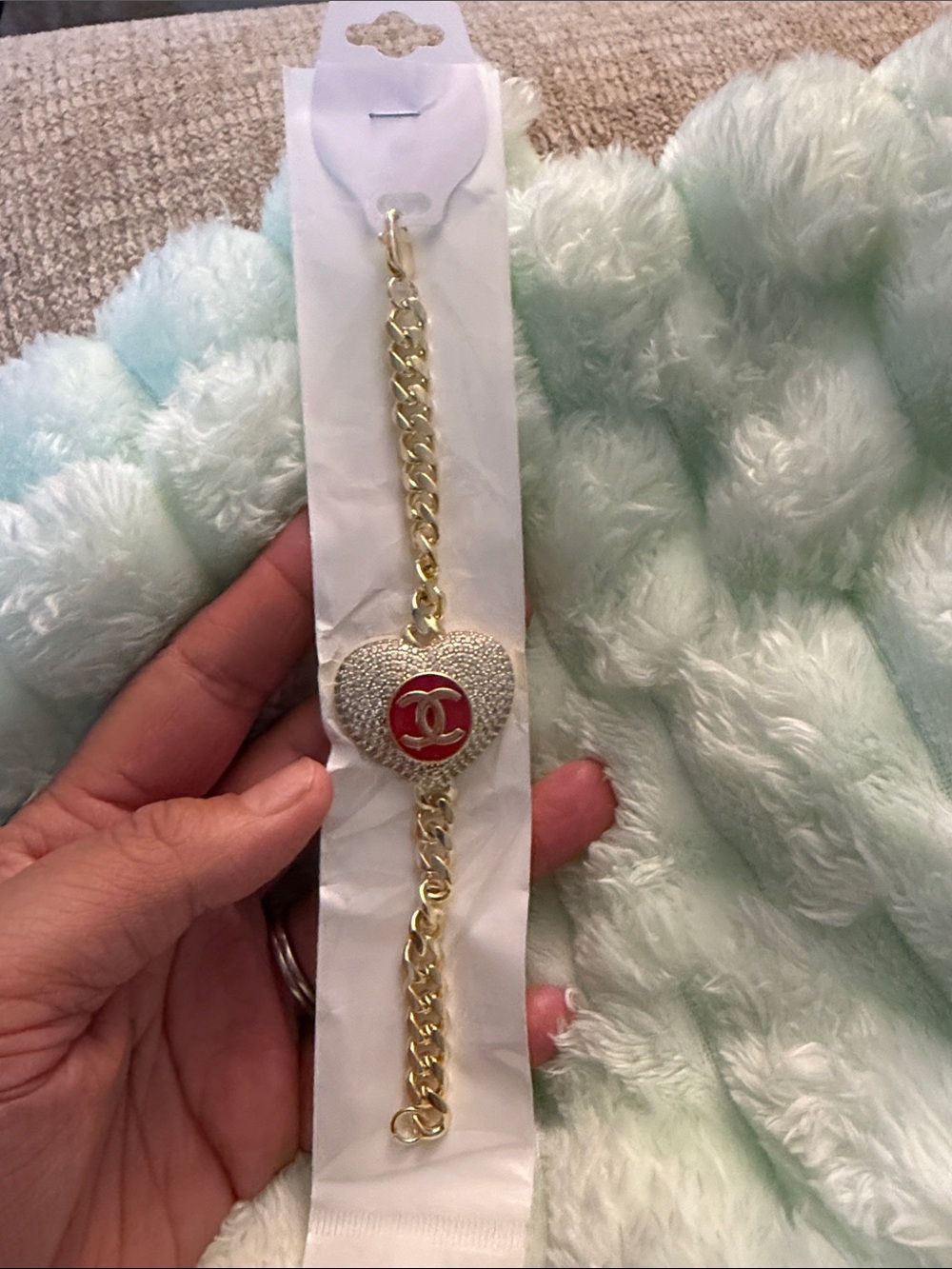 Gold-Tone Heart Charm Bracelet with Red Accent